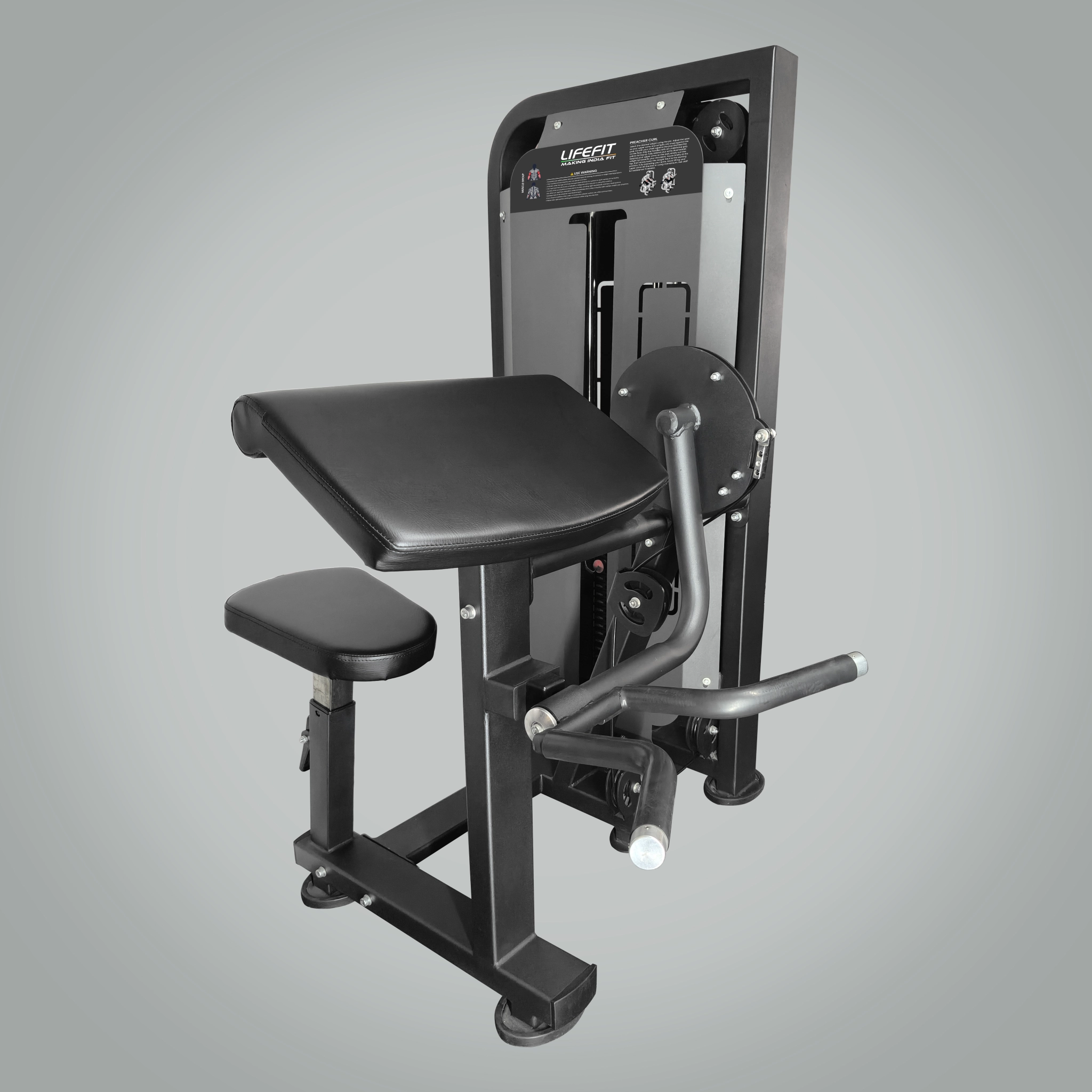 A three-quarter view of the LIFE FIT Impact Bicep Preacher Curl machine, designed for bicep isolation with a sturdy black frame and adjustable padded seat and arm rest.