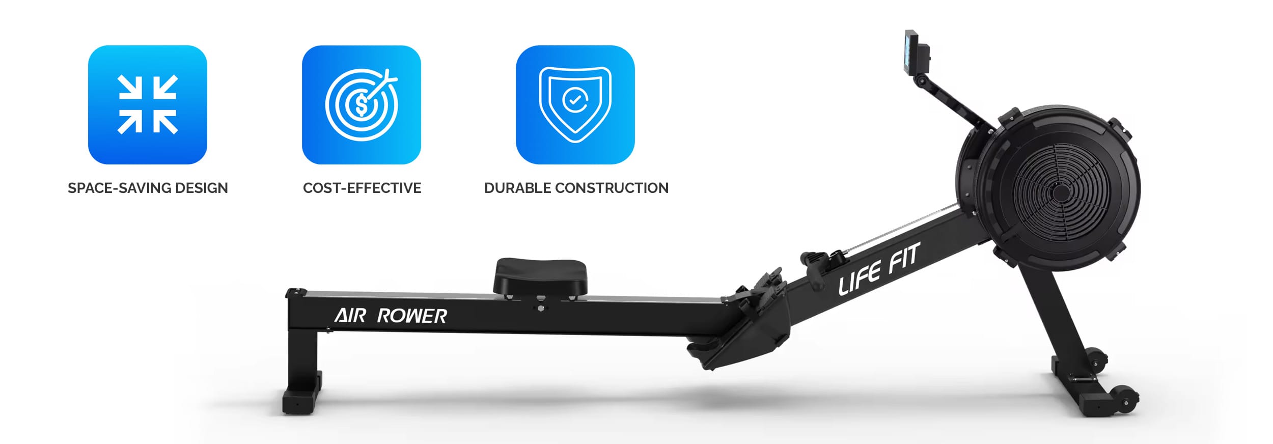 LIFE FIT air rower in a home gym, showcasing a full-body workout.