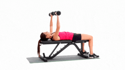 Woman performing dumbbell bench press on a flat bench.