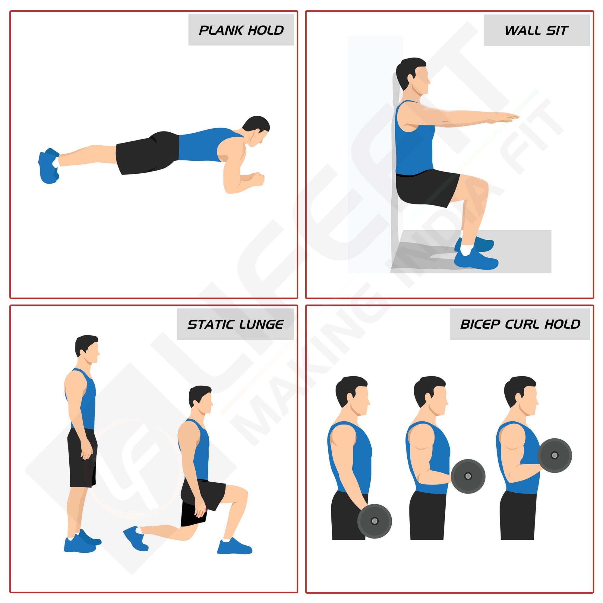 Collage of four exercise illustrations: plank hold, wall sit, static lunge, and bicep curl hold. Labeled quadrants, white background, red borders.