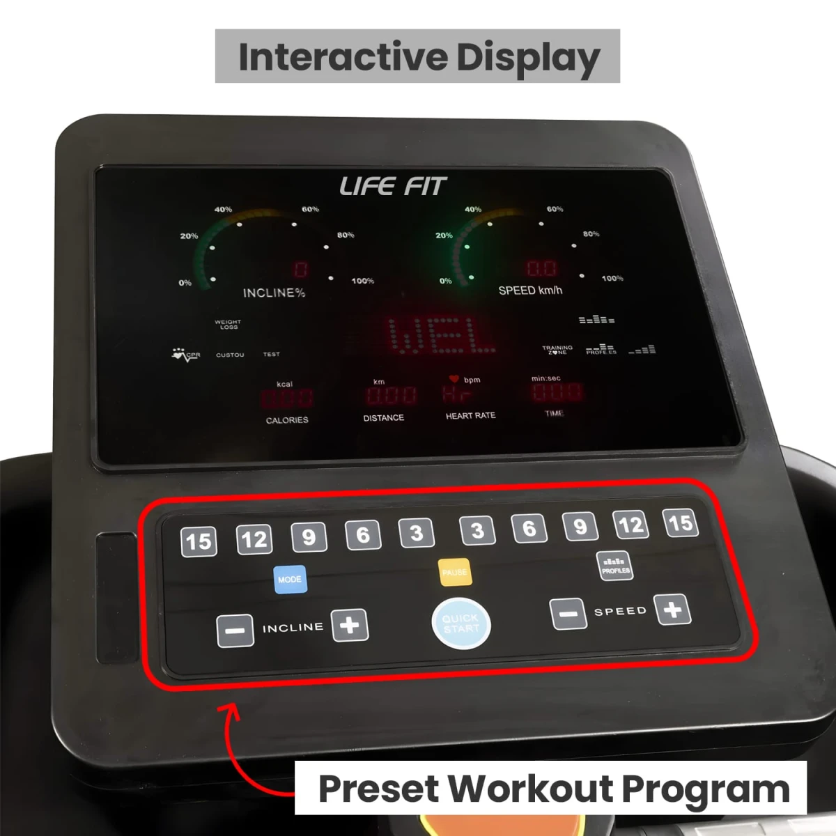 LIFE FIT LF9000 commercial treadmill. AC motor powers durable fitness equipment.