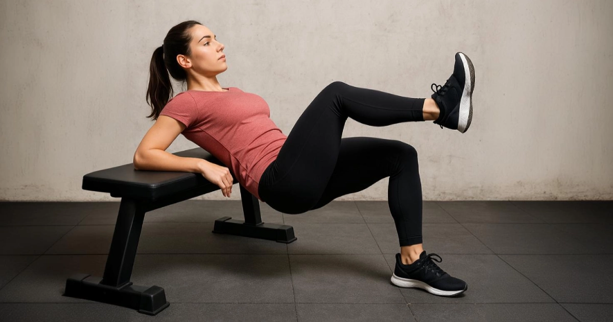 Woman doing a single-leg hip thrust exercise on a bench.