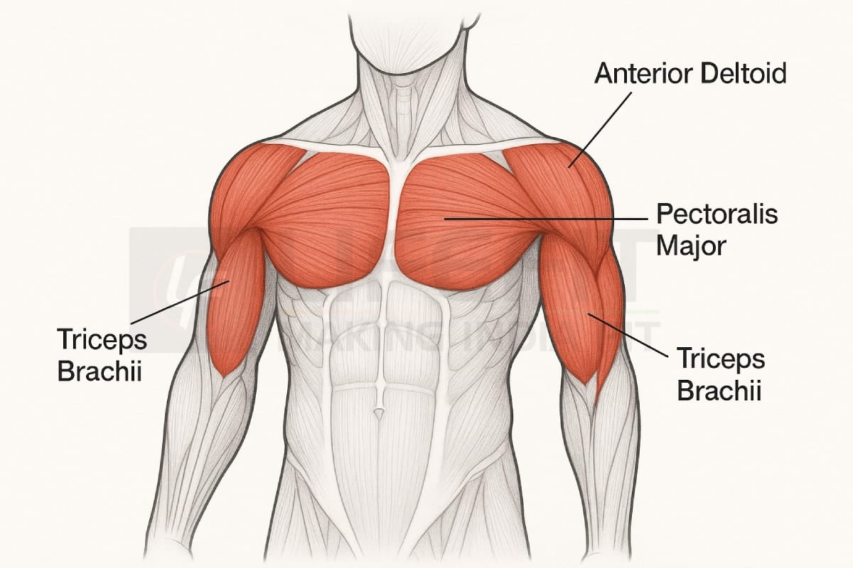 Anatomical illustration showing muscles worked in incline dumbbell press: Pectoralis Major, Anterior Deltoid, Triceps Brachii highlighted.