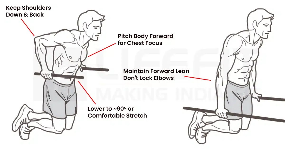Annotated illustration demonstrating correct form for chest dips exercise, highlighting shoulder position, forward lean, chest focus, and depth.