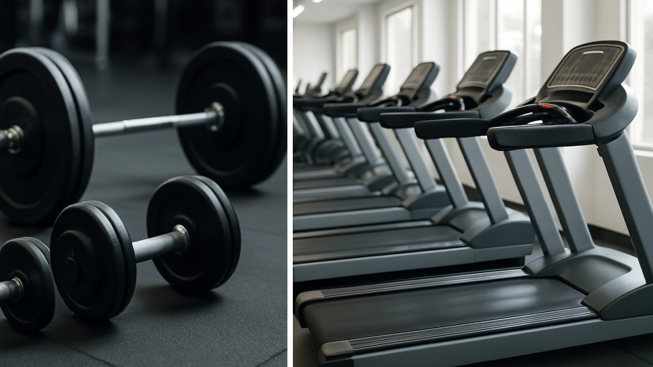 Equipment representing the varied exercises in a 7-day gym workout plan, including strength and cardio.