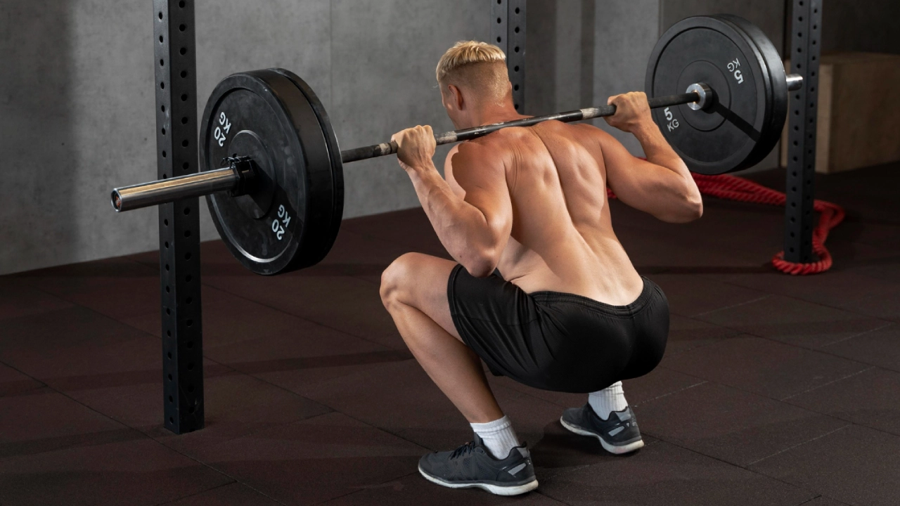 Alt text: Man performing a barbell squat, a key compound exercise in strength training workout routines for men.