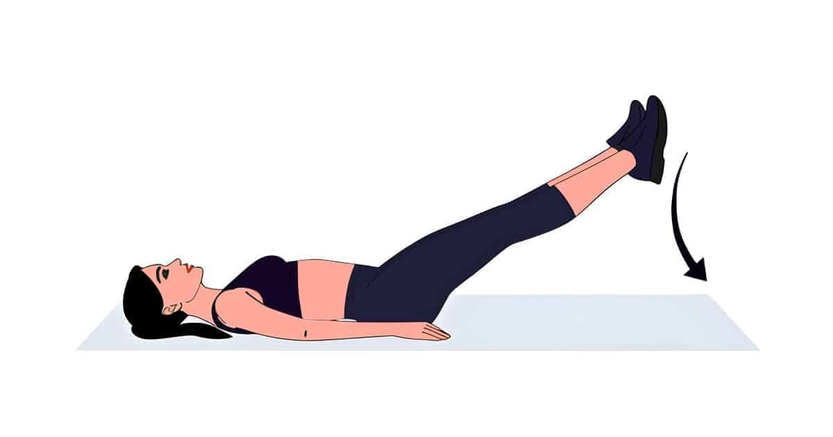 Illustration showing the controlled lowering phase of a lying floor leg raise, with an arrow indicating downward leg movement.