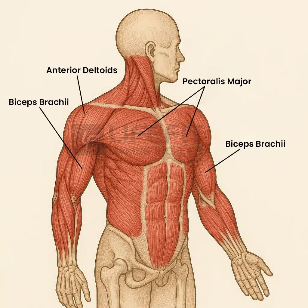 Anatomical illustration showing muscles worked during dumbbell flys: Pectoralis Major, Anterior Deltoids, and Biceps Brachii.
