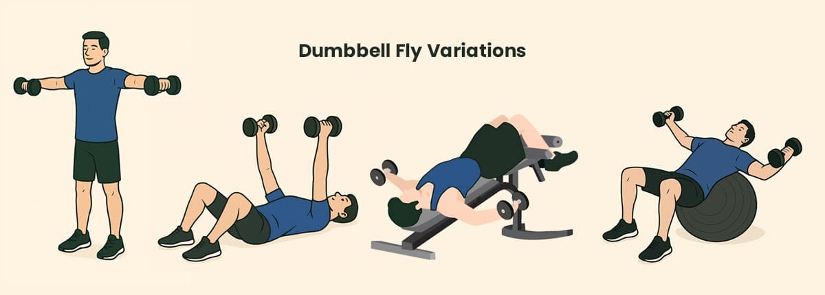 Illustration showing four dumbbell fly variations: standing, floor, decline bench, and stability ball.