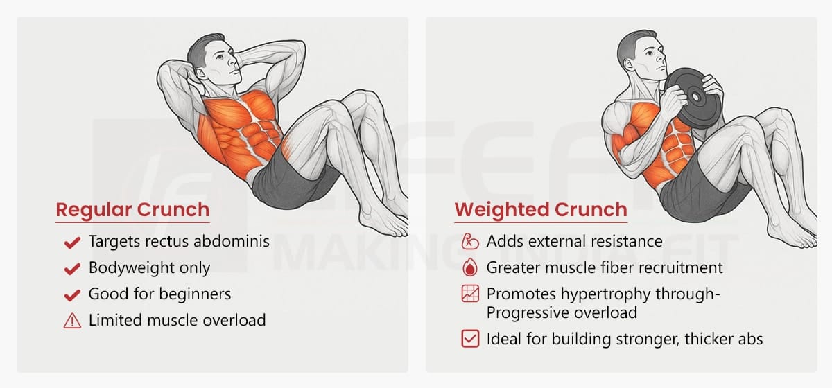 Comparison of regular crunch vs weighted crunch highlighting muscle activation and benefits.
