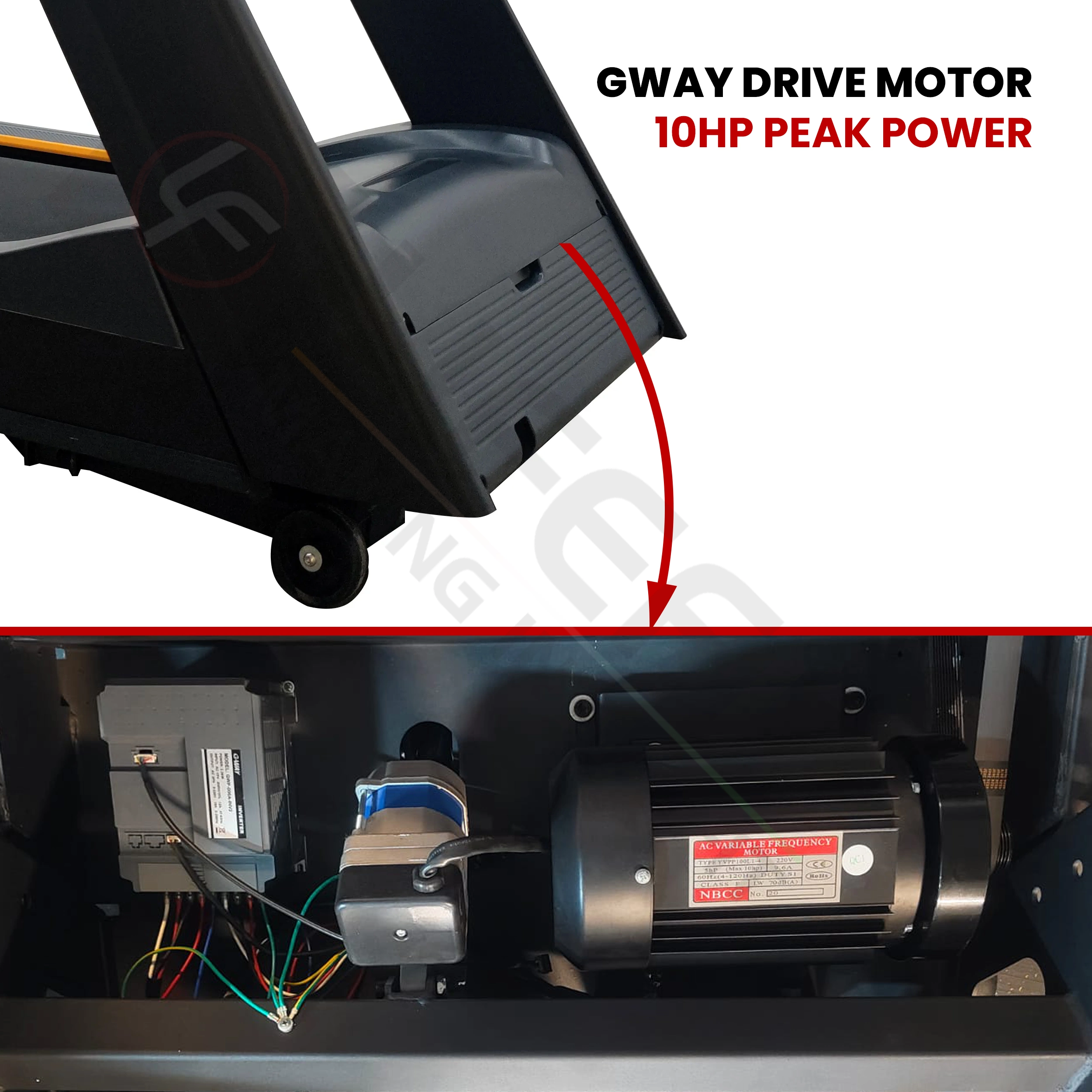 An inside look at the LIFE FIT LF-8700 treadmill's Gway Drive system, revealing the powerful 10HP peak power AC variable frequency motor and its internal controller.