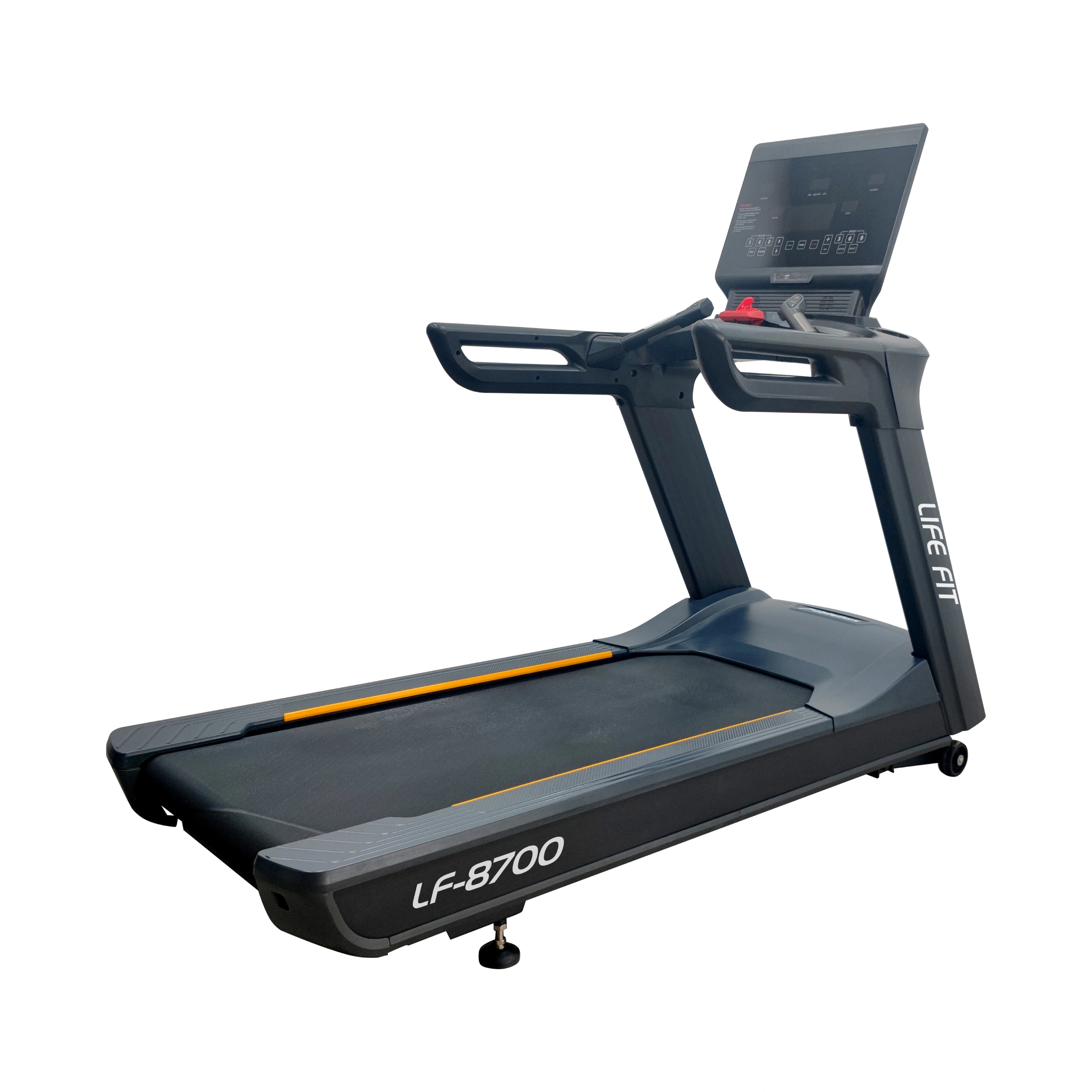 Side-angle view of the LIFE FIT LF-8700 Pro Runner commercial treadmill, highlighting its sturdy frame, large console, and spacious running deck.