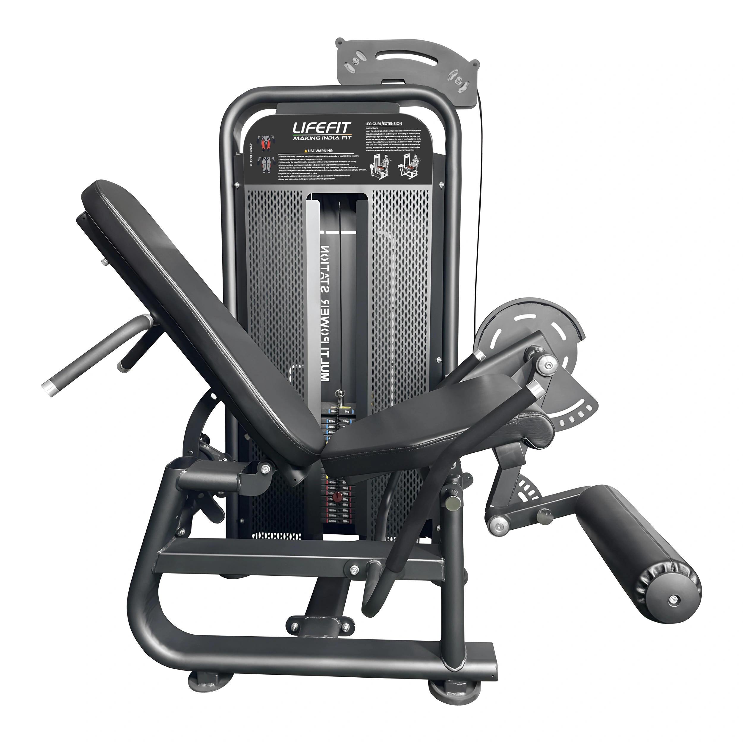 The LIFE FIT M1 Series Leg Curl and Leg Extension Machine in a studio setting, showing the black padded seat and heavy-duty frame.
