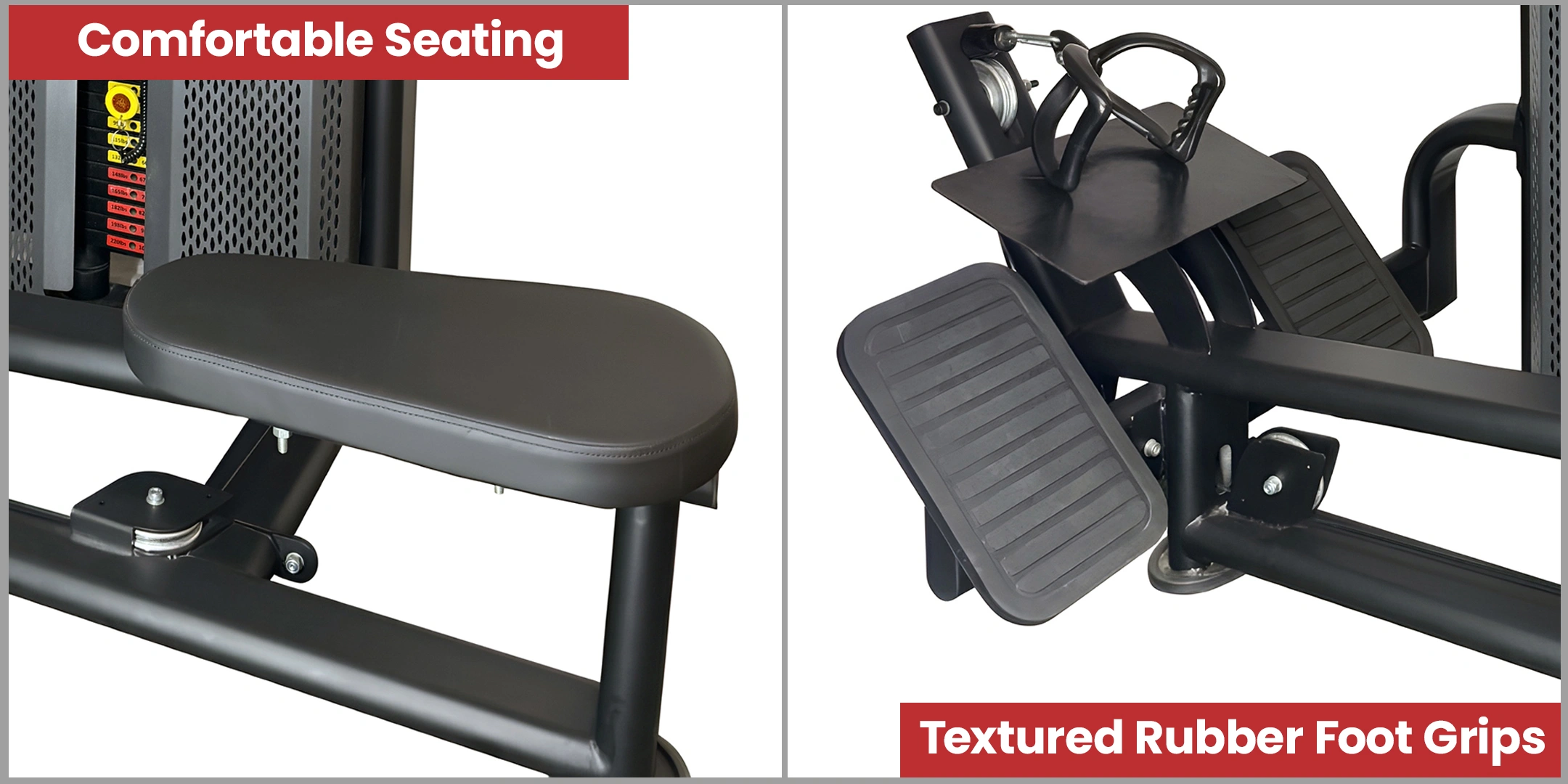 Close-up of the LIFE FIT seated row machine's features, showing the comfortable padded seat and the secure, textured rubber foot grips for stability.
