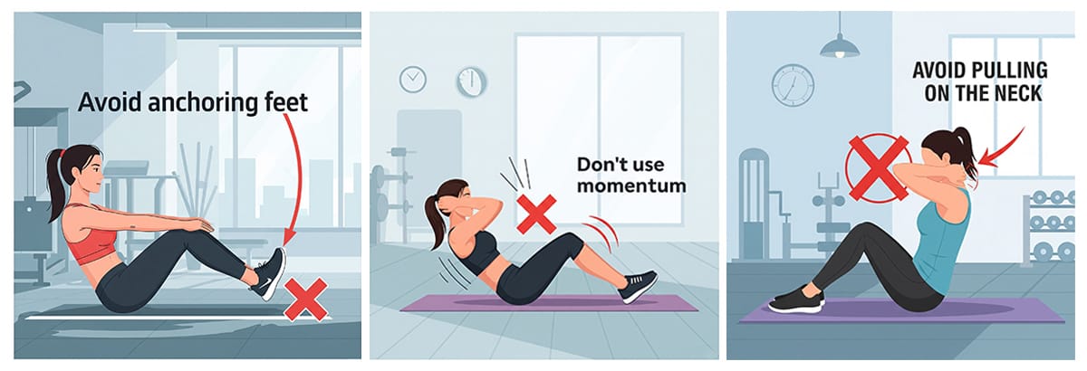 A 3-panel fitness illustration demonstrating common sit-up mistakes to avoid for proper form, including not anchoring the feet, not using momentum, and avoiding pulling on the neck during the exercise.