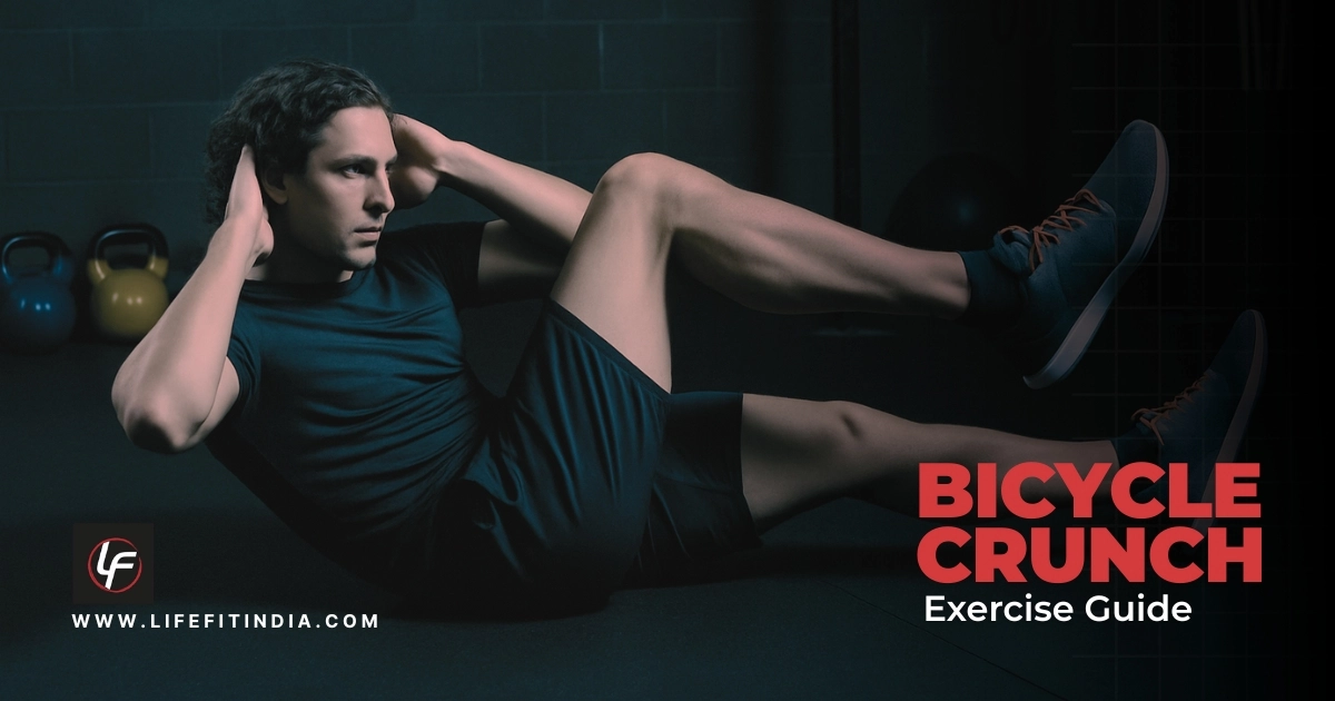 Woman performing bicycle crunch exercise with proper form, alternating elbow to knee on exercise mat – LIFE FIT guide