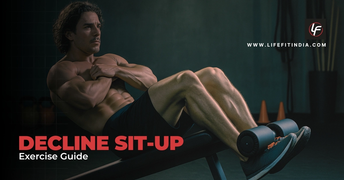 Man performing a decline sit-up on an adjustable bench demonstrating proper form for core strengthening exercise