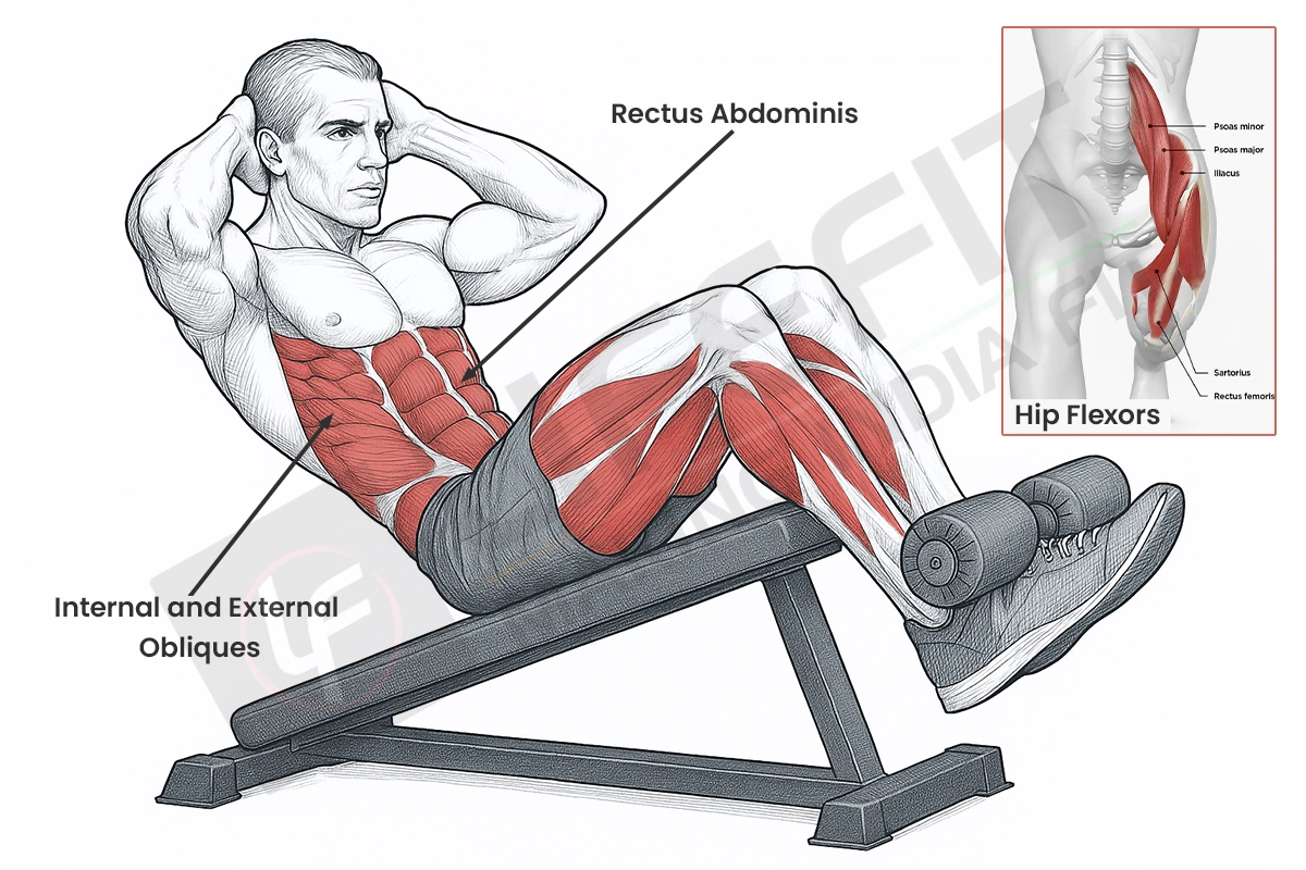 Anatomical illustration of a man on a decline bench, highlighting the muscles worked during a sit-up. Labels point to the Rectus Abdominis and Obliques, with a separate inset diagram showing the Hip Flexors.