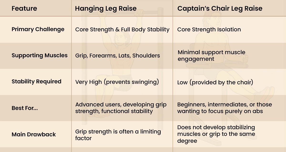 Comparison chart showing the differences between the Hanging Leg Raise and the Captain's Chair Leg Raise. The table compares stability, supporting muscles, and the primary challenge of each core exercise.