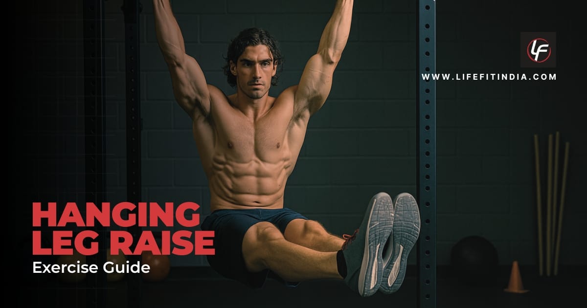 LIFE FIT hanging leg raise exercise for core strength and flexibility.