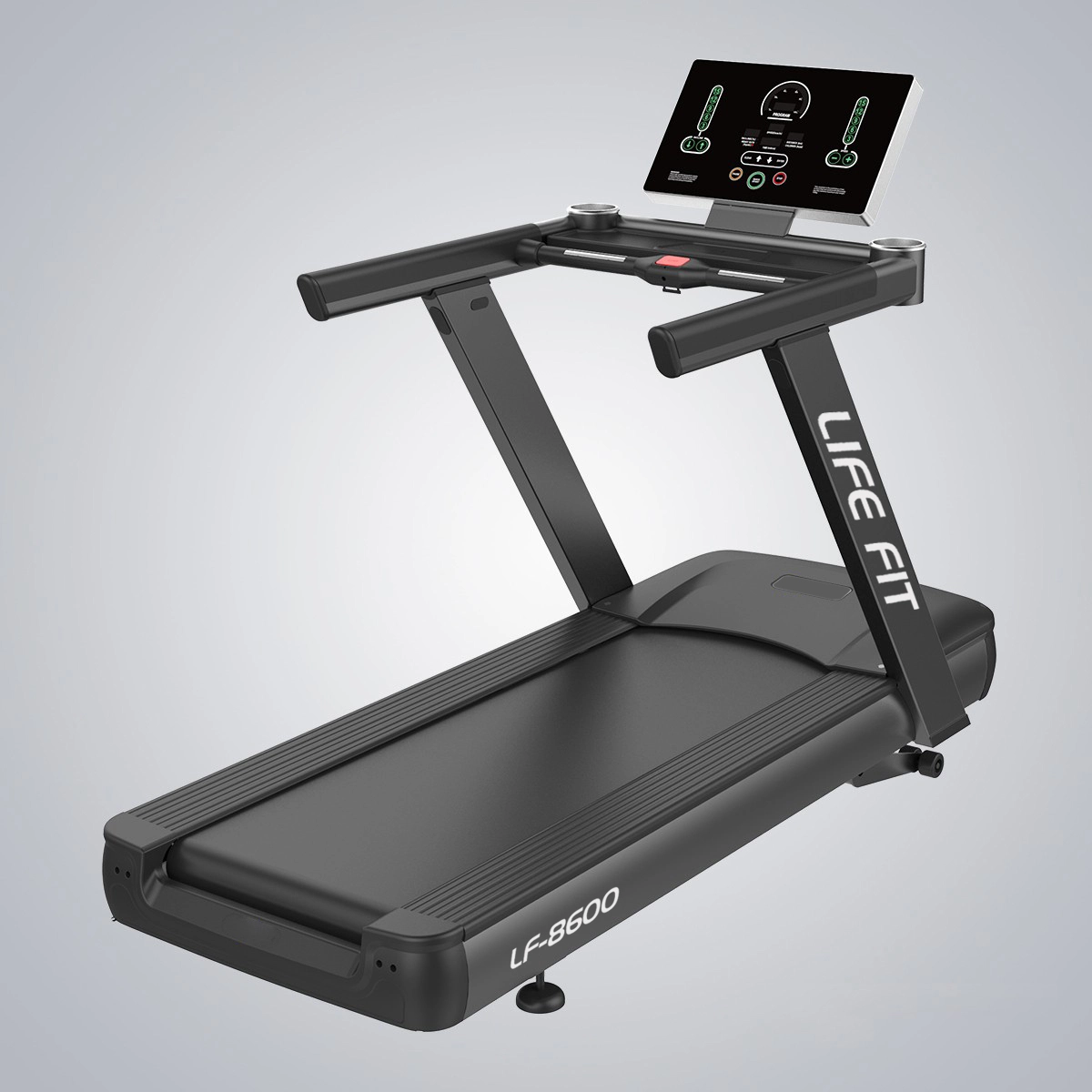 Front-angle view of the black LIFE FIT LF-8600 commercial treadmill, highlighting its large interactive LED display and robust frame design.