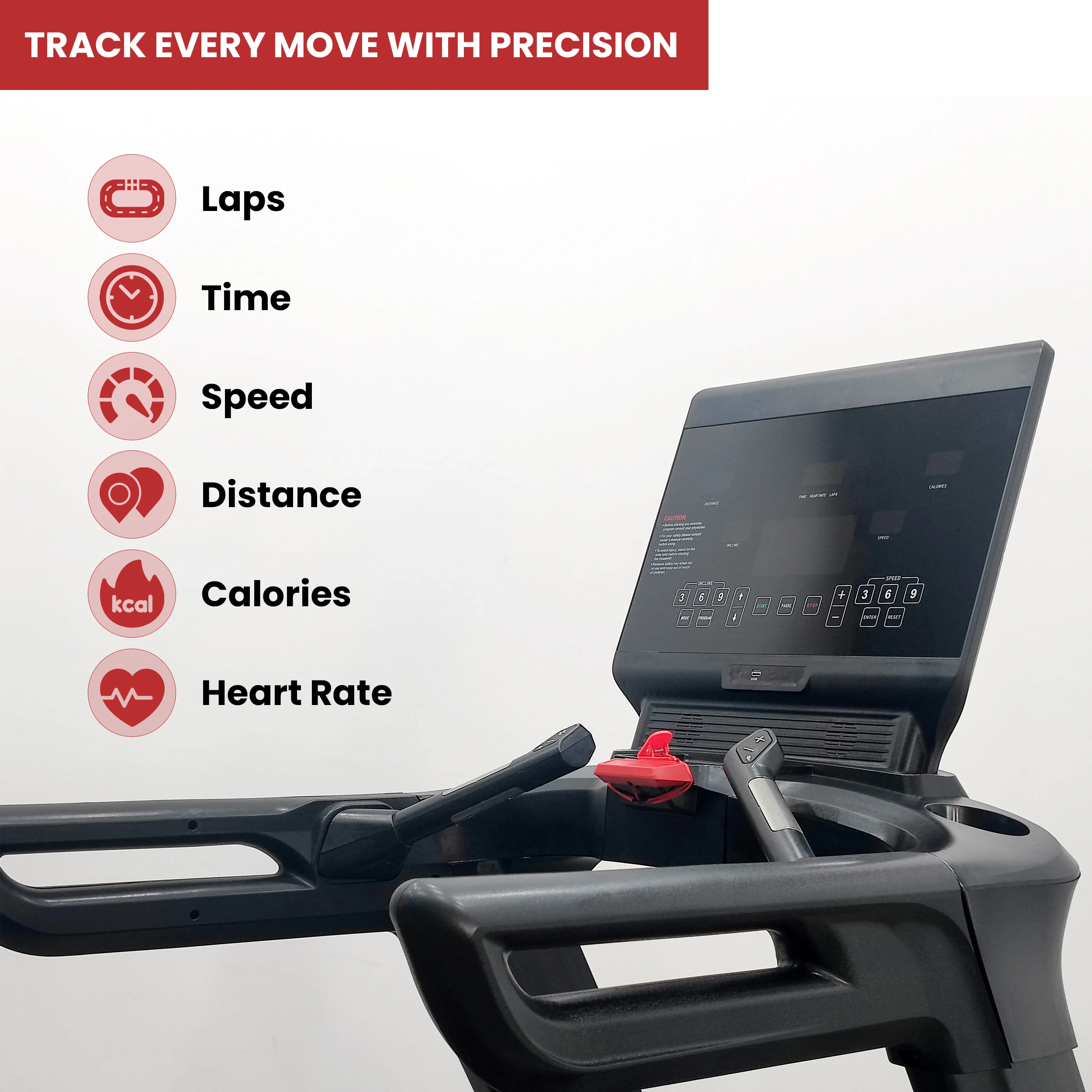 The console of the LIFE FIT LF-8700 treadmill, which tracks every move with precision, displaying metrics for Laps, Time, Speed, Distance, Calories, and Heart Rate.