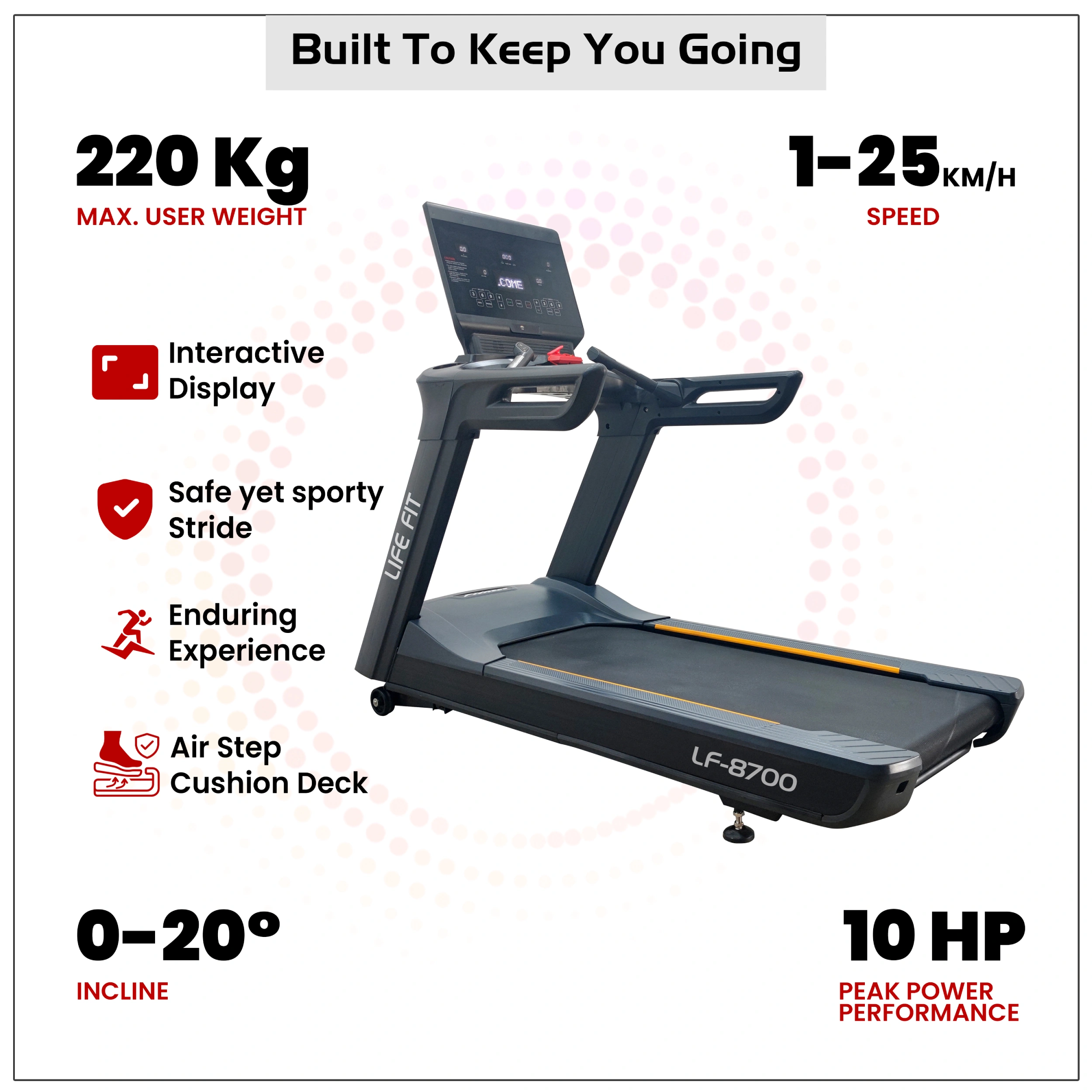 An infographic summarizing the key features of the LIFE FIT LF-8700 treadmill: 220 kg max user weight, 1-25 km/h speed, 0-20 degree incline, 10 HP peak power, and an Air Step Cushion Deck.