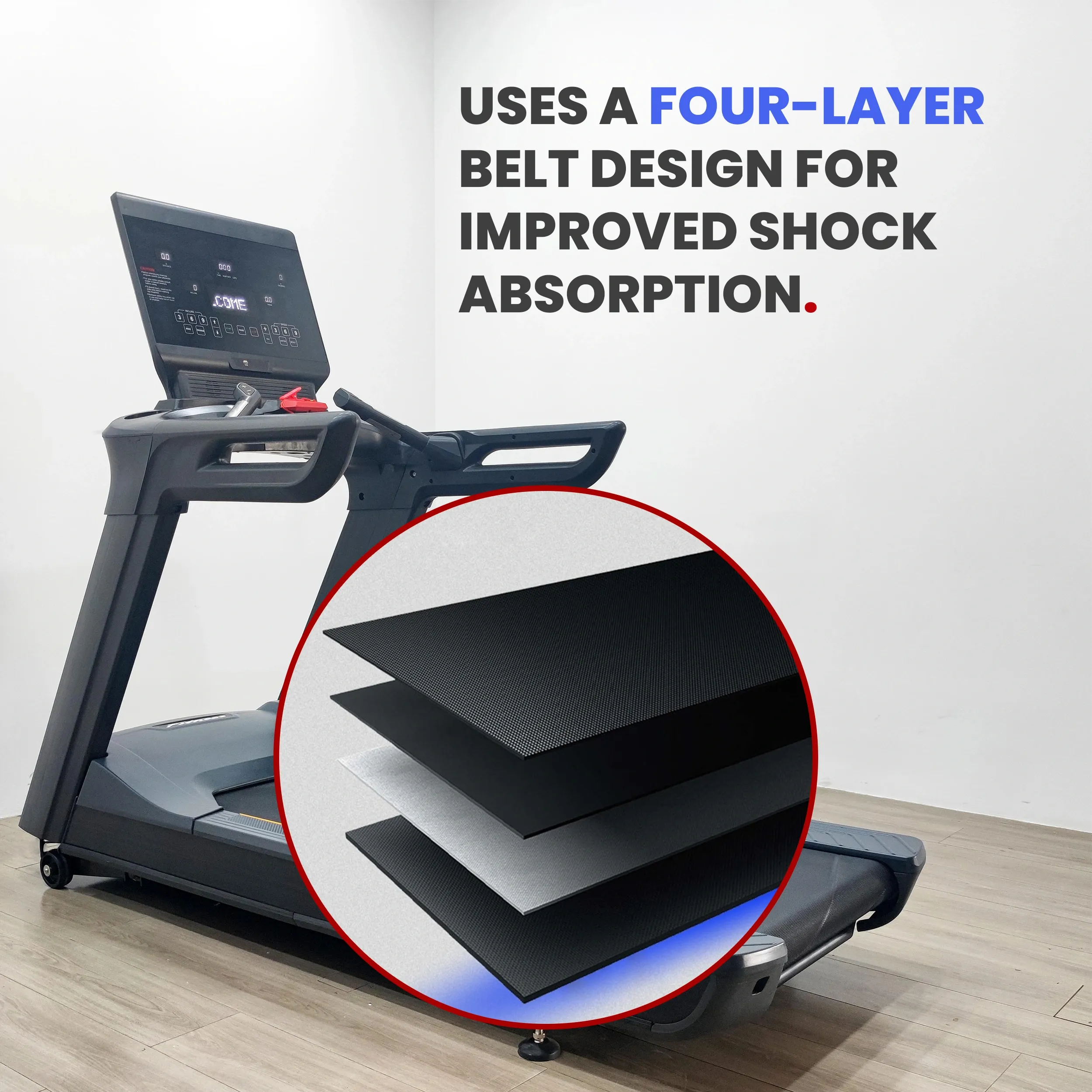 An image of the LIFE FIT LF-8700 treadmill with a magnified close-up illustrating its four-layer belt design for improved shock absorption.