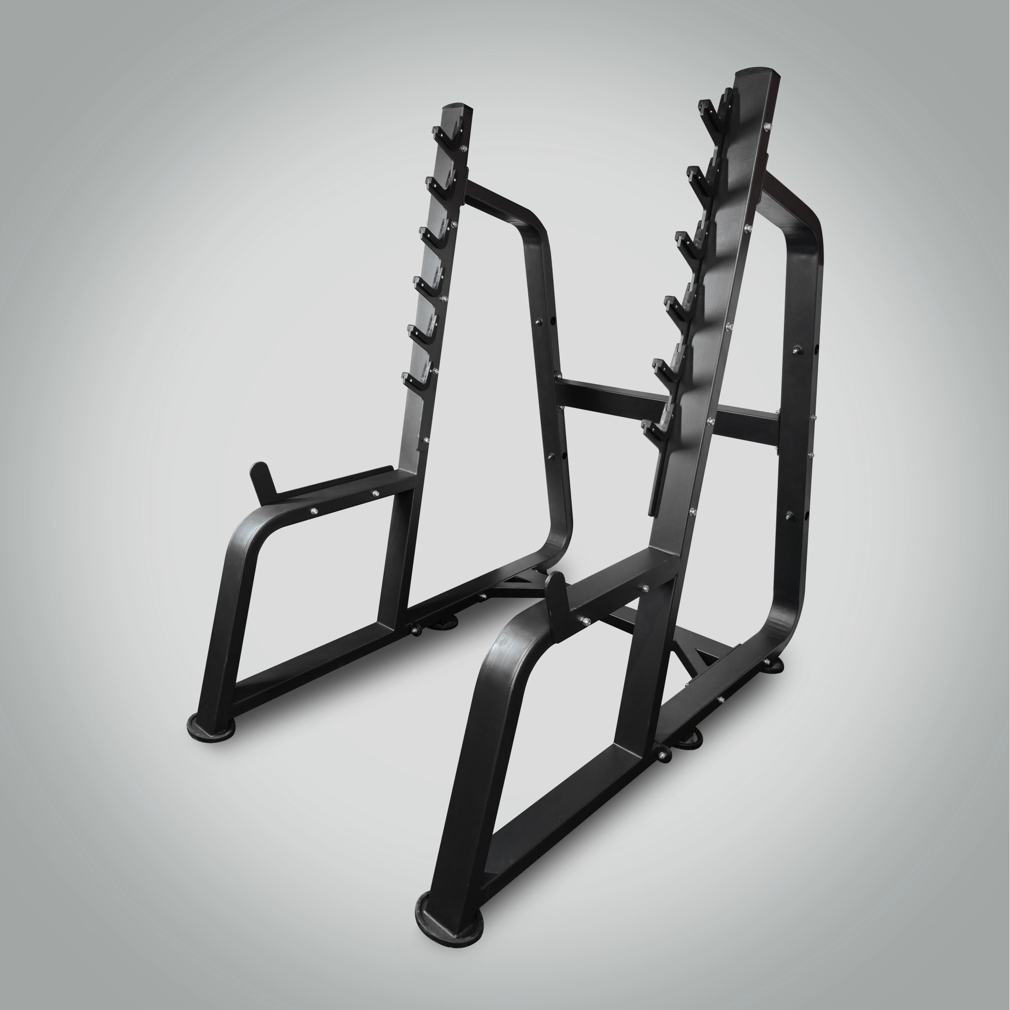 LIFE FIT LF-S7 Squat Rack – Angled Rear View Highlighting Barbell Hooks and Sturdy Steel Frame.