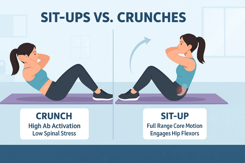 A side-by-side illustration titled 'Sit-ups vs. Crunches.' The left side shows a woman doing a crunch, described as 'High Ab Activation, Low Spinal Stress.' The right side shows a sit-up, described as 'Full Range Core Motion, Engages Hip Flexors.