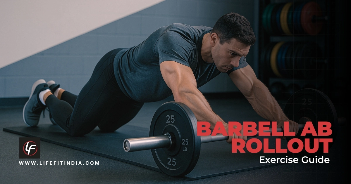 Man performing a barbell ab rollout on gym floor demonstrating proper extended form for core strength training
