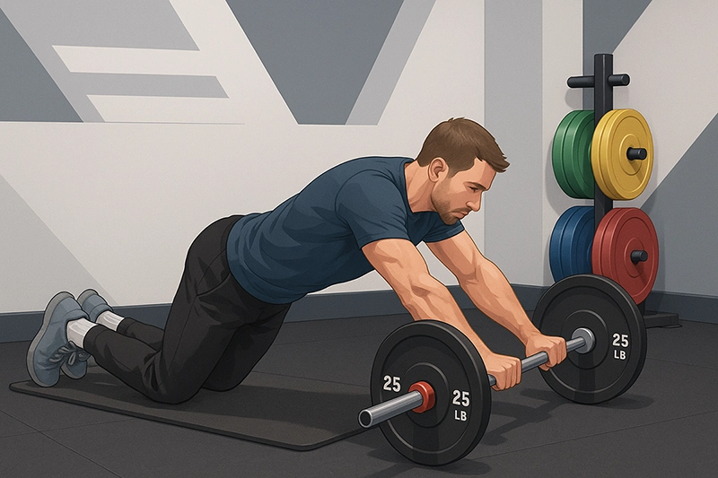 A man demonstrating the eccentric extension phase of the barbell ab rollout, rolling the bar forward while keeping his back straight and core engaged.