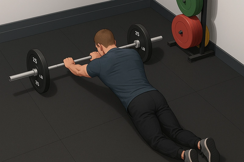 A man holding the peak tension position of the barbell ab rollout, fully extended with his chest close to the floor and back straight.