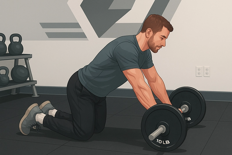 A man demonstrating the return phase of the barbell ab rollout, engaging his lats and abs to pull the barbell back towards his knees.