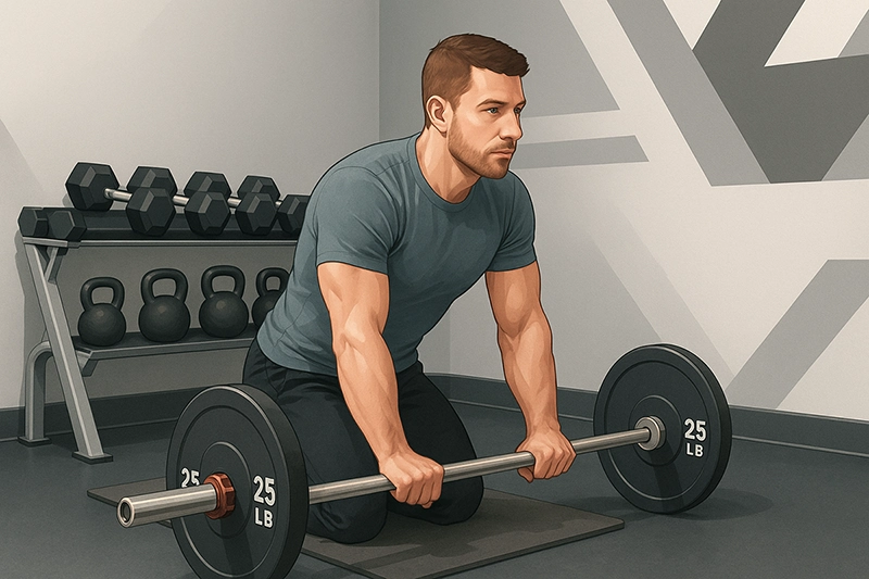 A man demonstrates the starting position for the barbell ab rollout, kneeling on a mat with his hands gripping the barbell and his back straight, ready for the exercise.