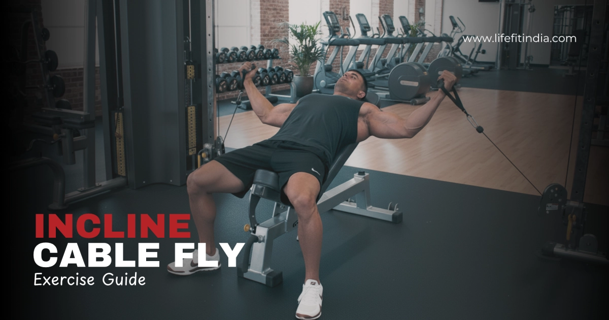 Man performing incline cable fly exercise on adjustable bench at gym, targeting upper chest muscles with proper form