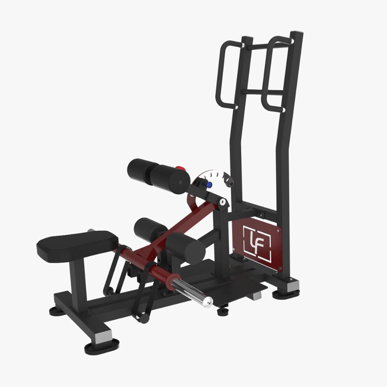 LIFE FIT Alpha Series Standing Hip Thrust Machine. Red and black leg workout equipment.