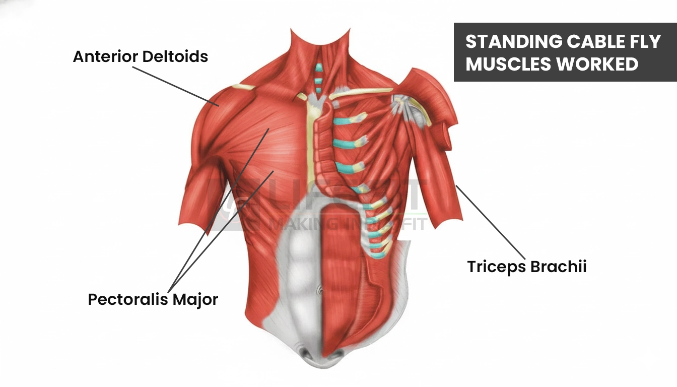 Anatomical diagram showing muscles worked in the Standing Cable Fly exercise highlighting the Pectoralis Major, Anterior Deltoids, and Triceps Brachii for chest training.