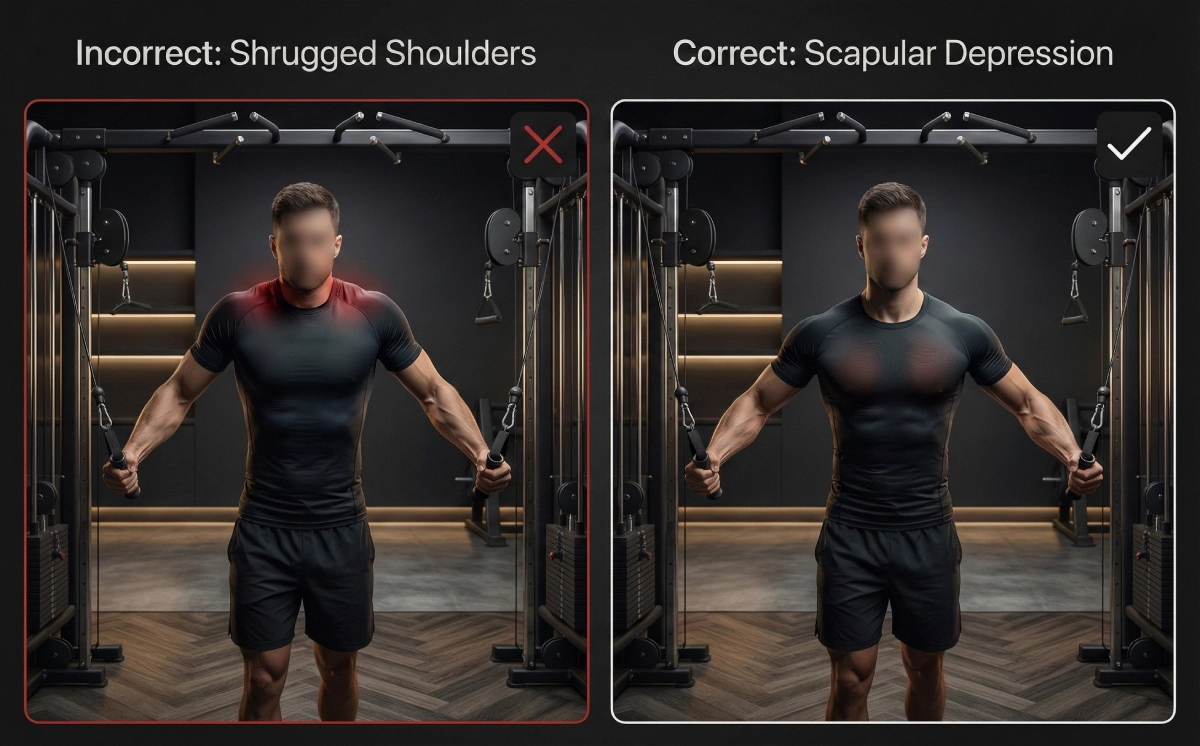 Correct and incorrect Cable Iron Cross form comparison showing shrugged shoulders versus proper scapular depression for chest isolation.