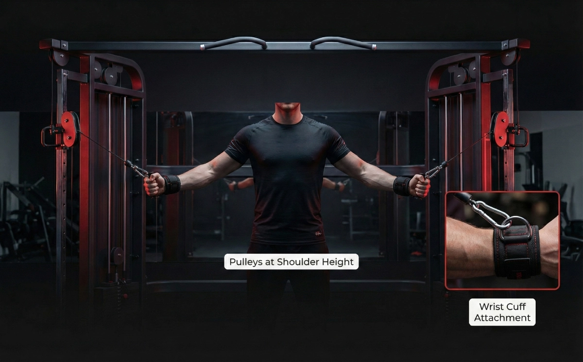 High pulley chest isolation setup showing pulleys at shoulder height and wrist cuff attachments on a wide cable crossover machine.