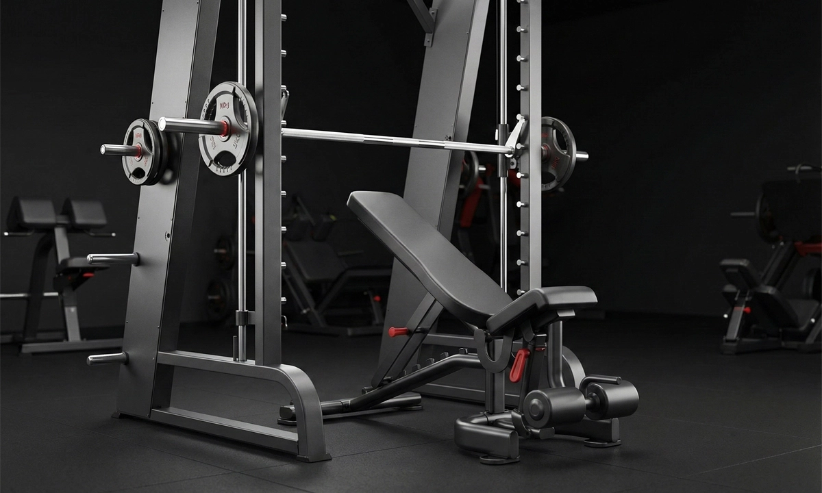 Adjustable incline bench set at 30&ndash;45 degrees inside a Smith machine, demonstrating the correct setup for the Incline Smith Machine Bench Press.