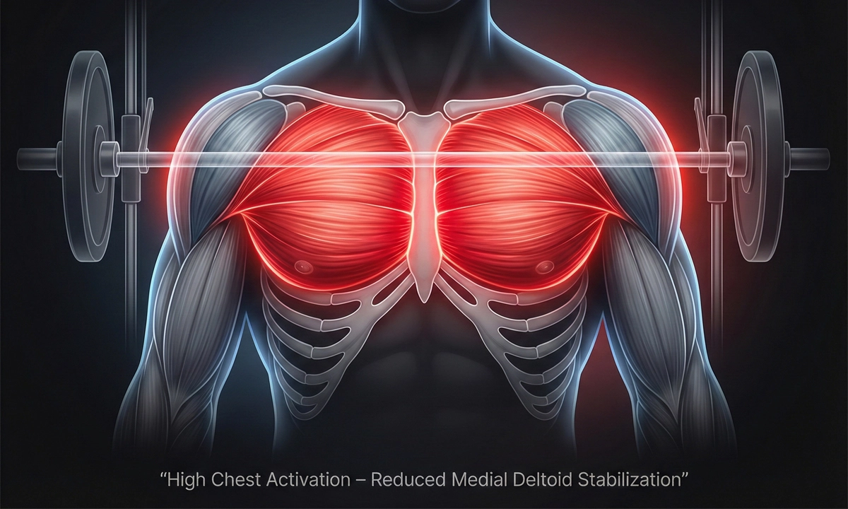 Anatomical illustration showing high pectoralis major activation and reduced medial deltoid involvement during the Smith Machine Bench Press.