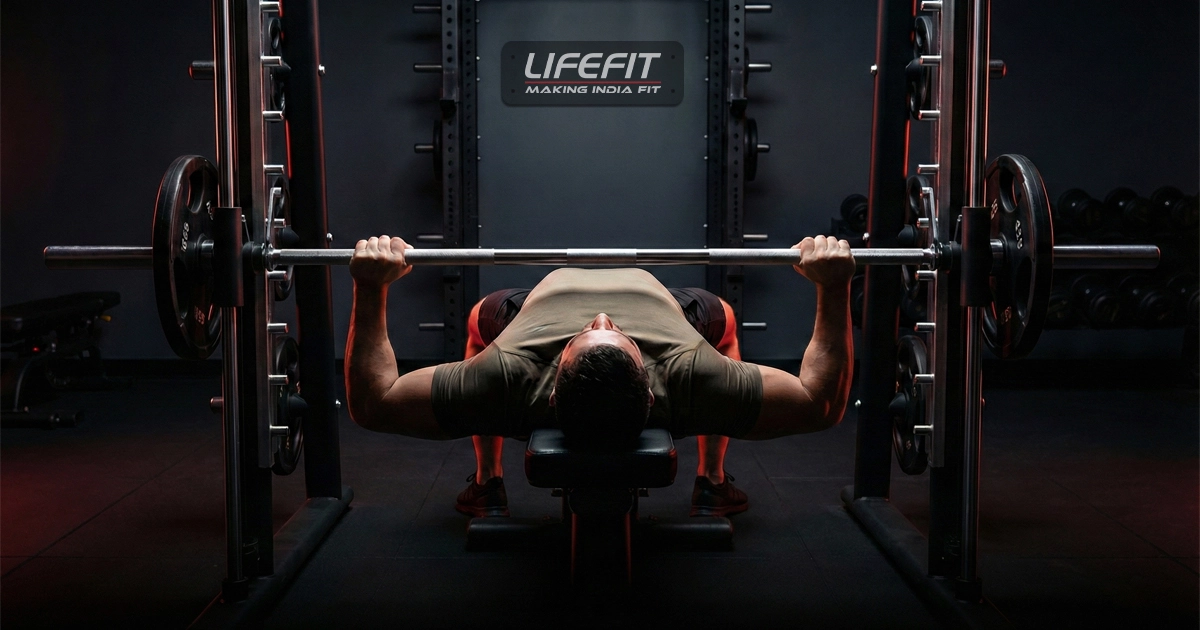 Proper smith machine bench press form with correct grip, arch, and bar path for safe and effective chest training