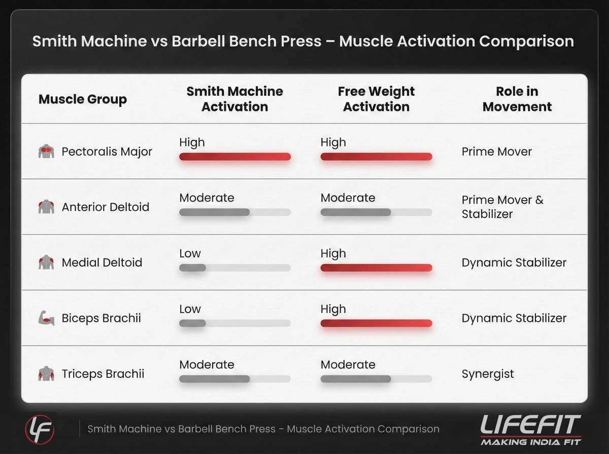 Infographic comparing muscle activation in the Smith Machine Bench Press versus the Free Weight Bench Press, showing activation levels for the chest, shoulders, biceps, and triceps.
