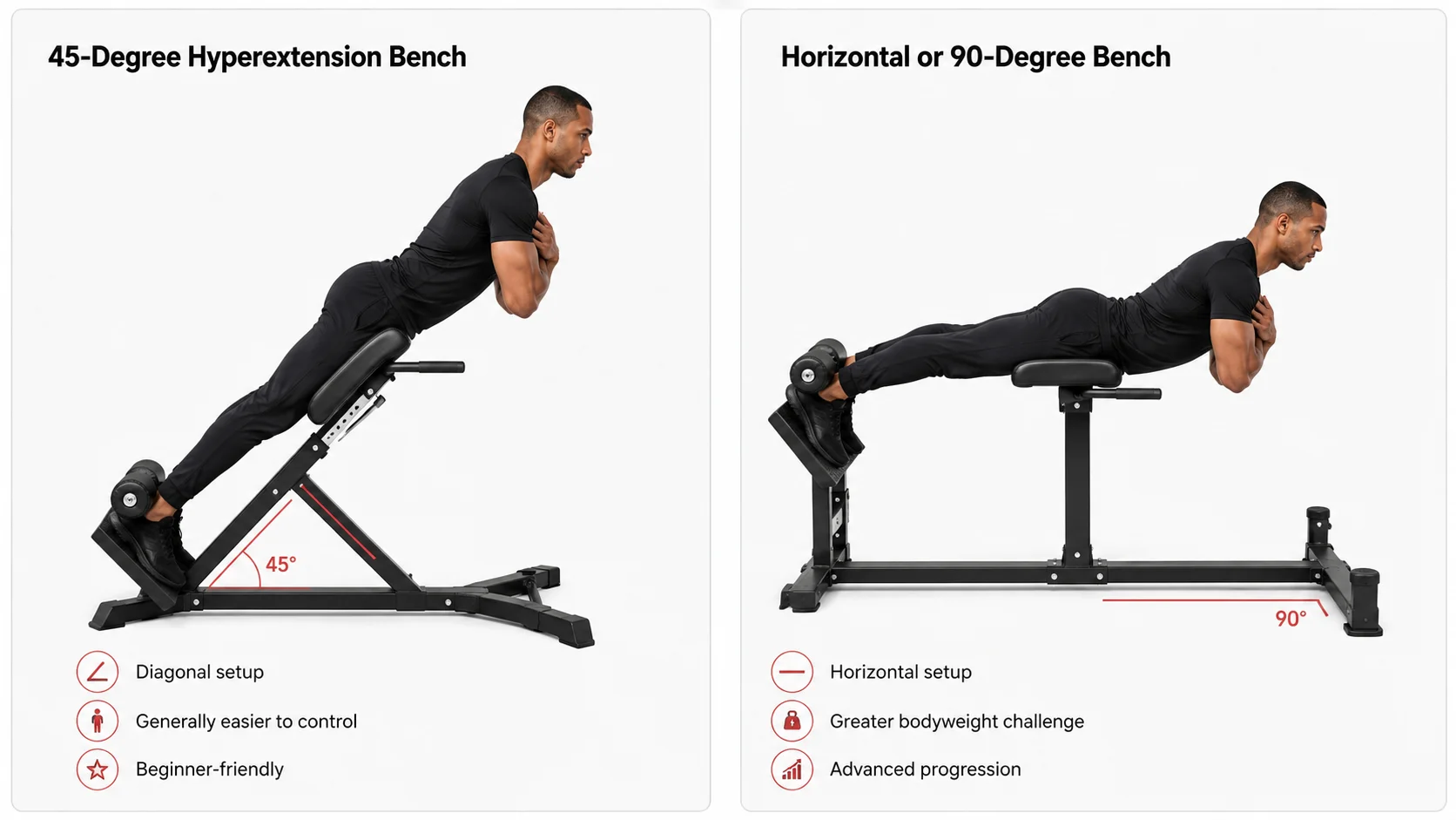 Comparison of a 45-degree hyperextension bench and a horizontal Roman-chair-style back extension bench