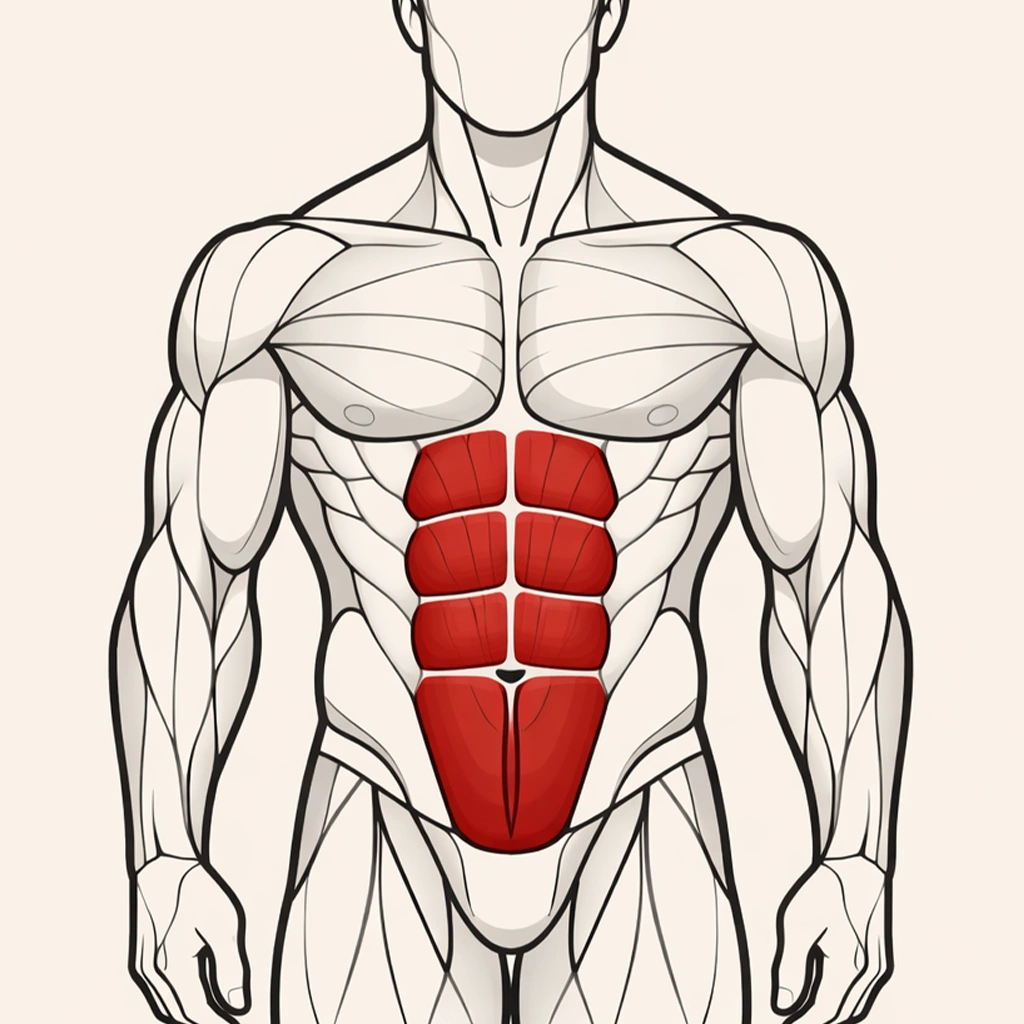 Front-view illustration of a male body with highlighted abdominal muscles, representing abs exercises and core workouts