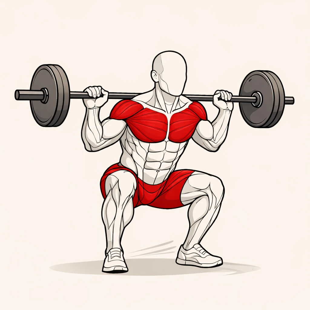 Barbell exercises category illustration showing a barbell back squat with highlighted upper and lower body muscles.