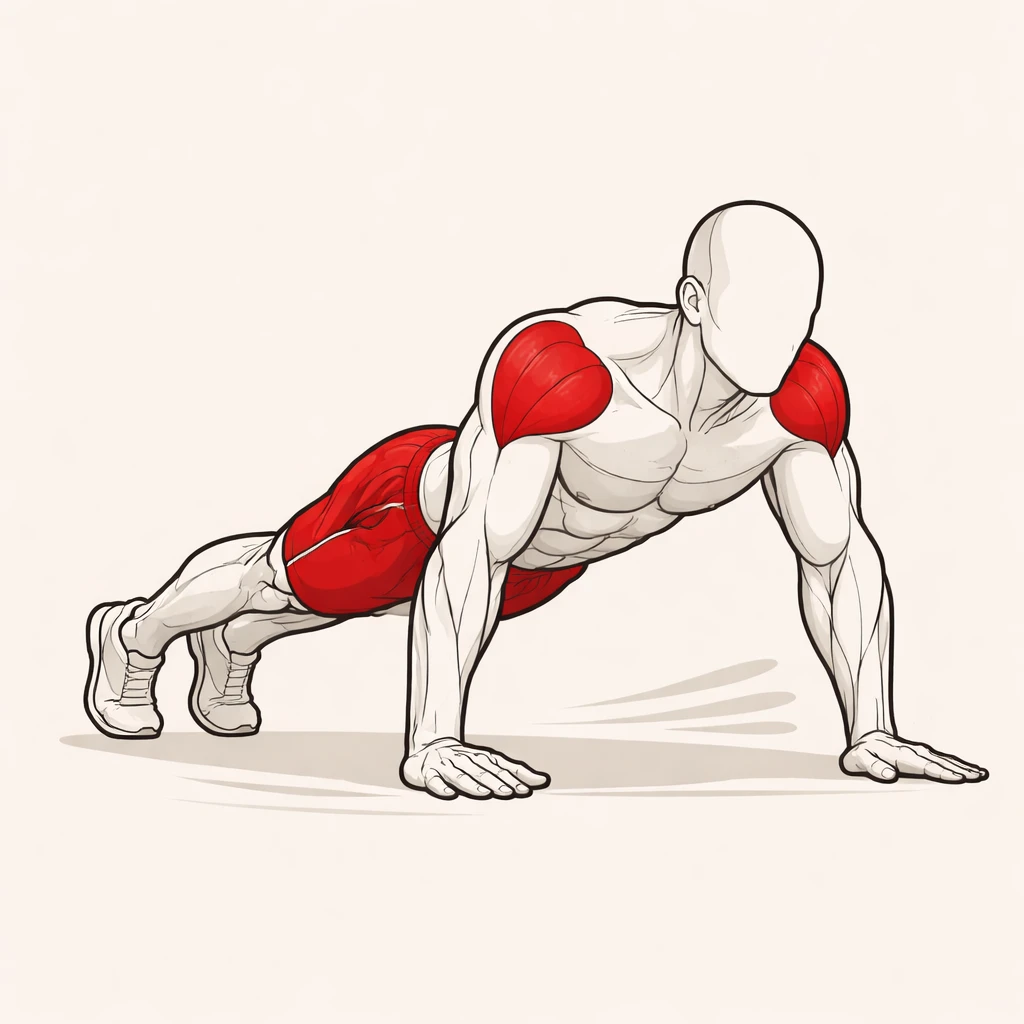 Bodyweight exercises category illustration showing a man in a push-up position with shoulders, core and glutes highlighted.