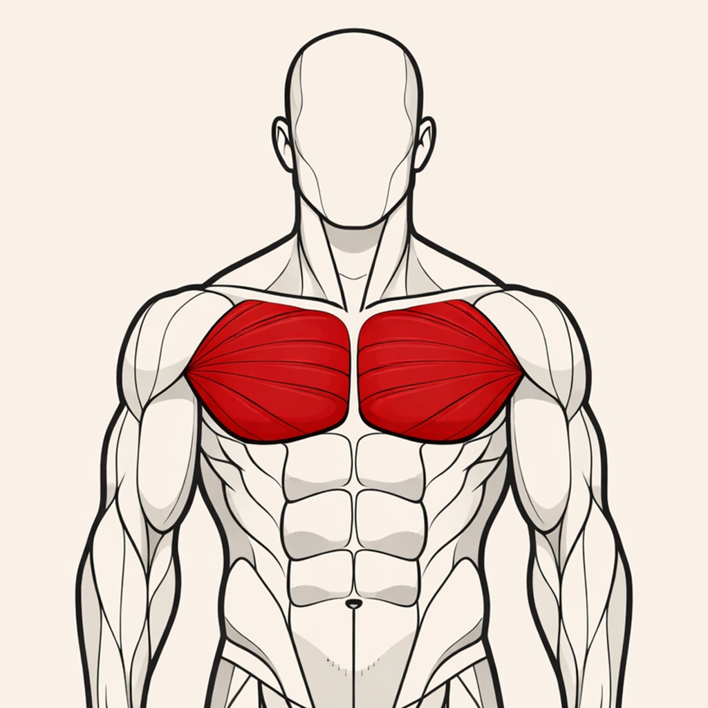 Front-view illustration of a male body with highlighted chest muscles, representing chest exercises and upper body workouts