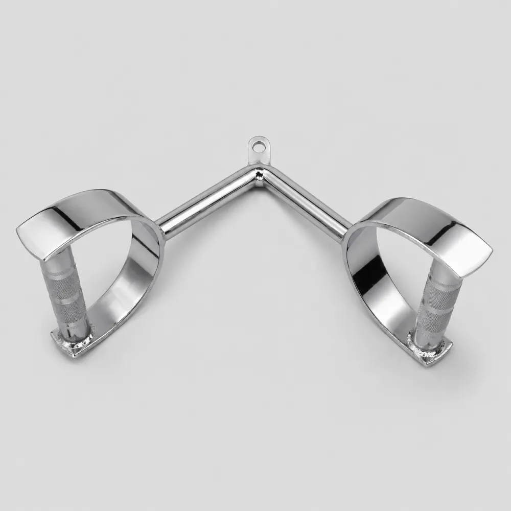 Chrome seated row double D handle cable attachment with dual knurled grips and curved D-style guards